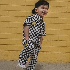 Kids Checkered Matching Set with Smiley Patches